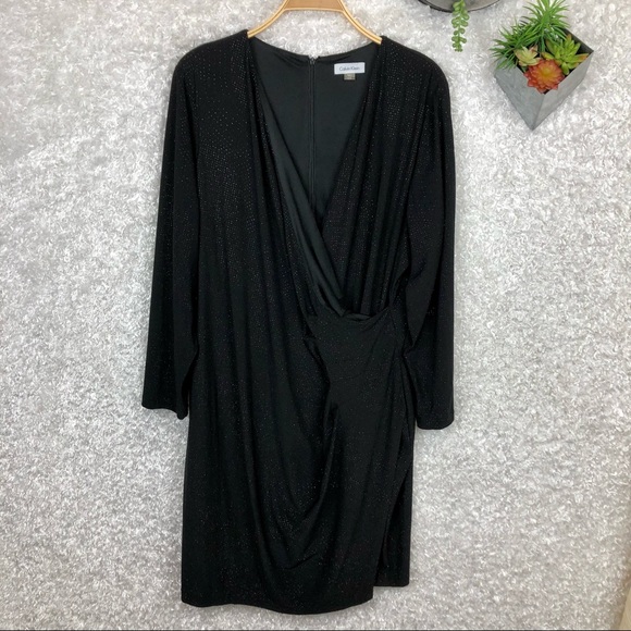 Calvin Klein Black Shimmer Faux Wrap Long Sleeve Cocktail Dress Plus Size 22W - Picture 3 of 11